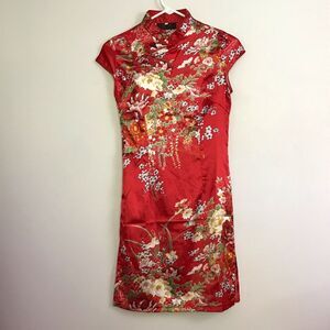 Womens Cheongsam Red Floral Pattern Sz S Short Cap Sleeve Chinese Gown Dress